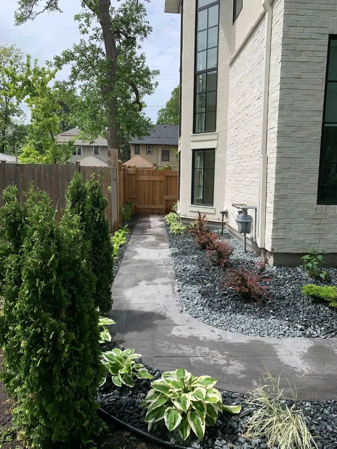 Flagstone path bordered by black rock, hostas and cedars alongside a white brick house