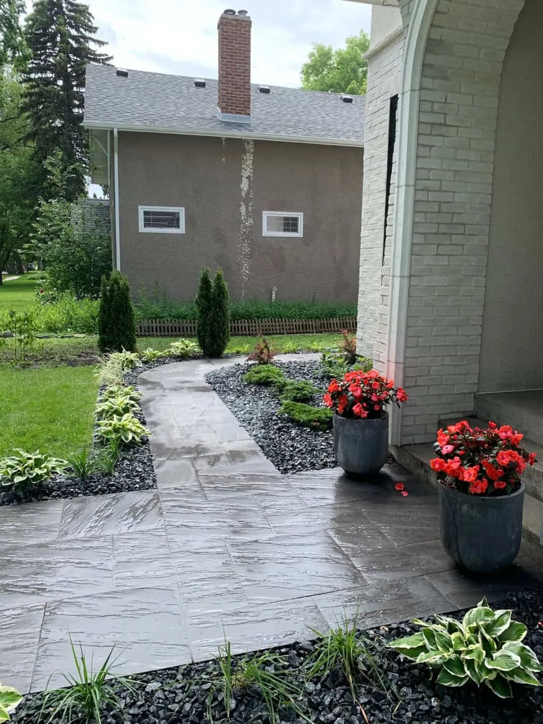 Hostas, junipers and dwarf cedars planted in a black rock bed alongside a stone walkway, with potted begonias at the step